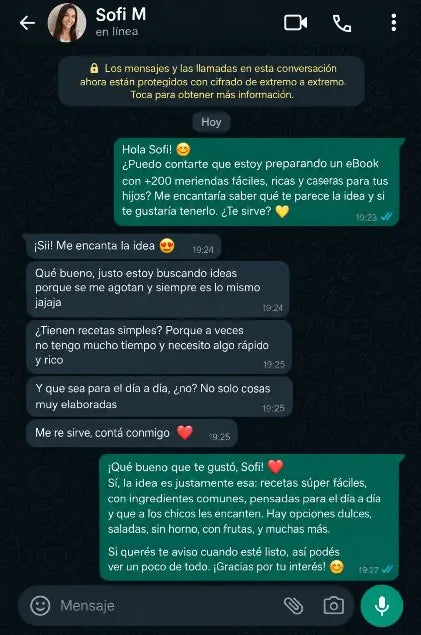 Mensaje de Sofi por WhatsApp